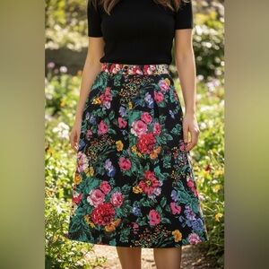 Vintage Casual Black Bright Floral Denim A-Line Midi Skirt Back Slit Pockets 80s